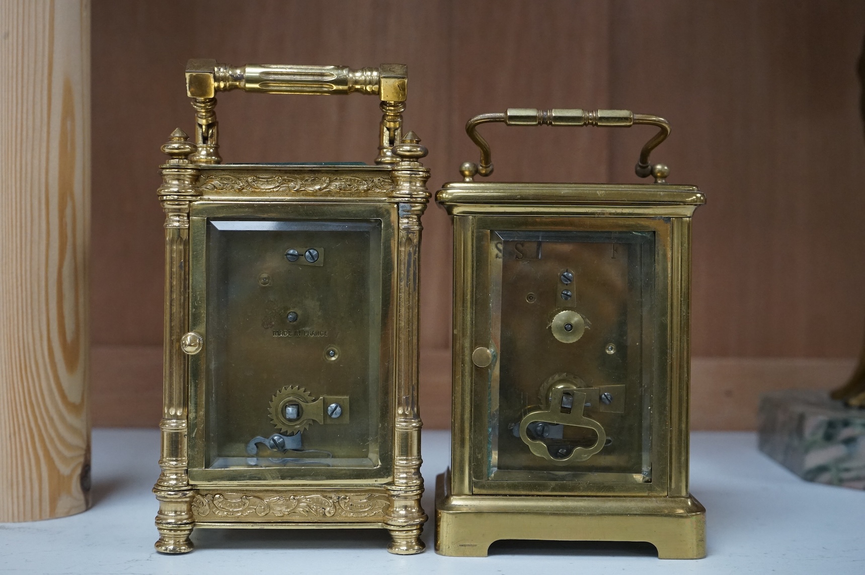 Two French brass carriage clocks, timepiece movements, tallest 12cm